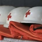Charity workers with field equipment